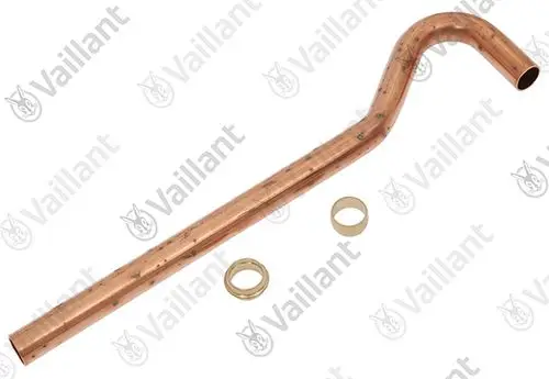 Kupferrohr von Vaillant mit gebogener Form und zwei Unterlegscheiben, geeignet für Gasleitungen.